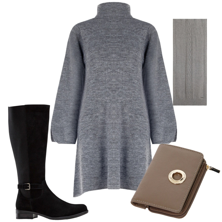 Outfit donna - Total look #2251064. Stile Minimal per Ufficio. Abbinamento con stivali, vestiti corti, portafogli, sciarpe.