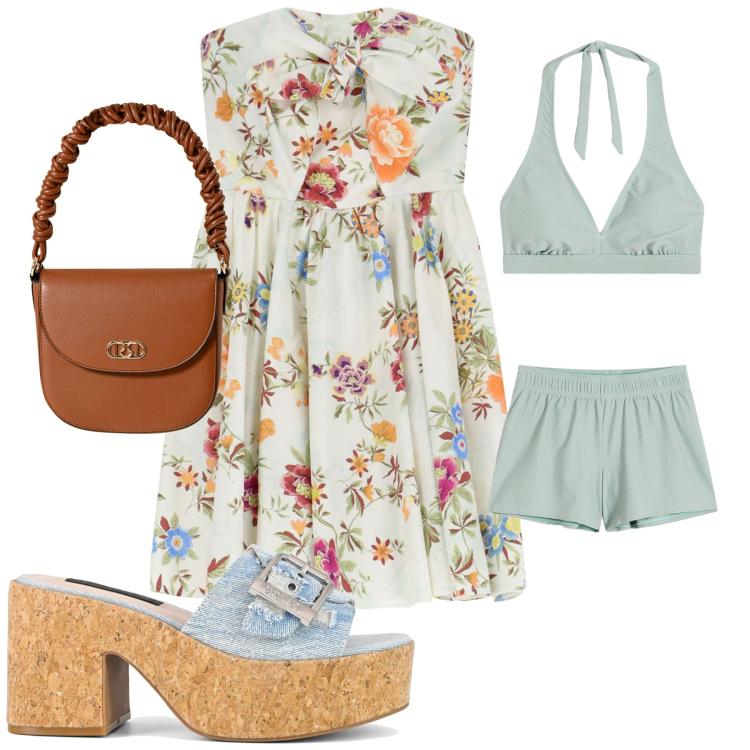 Outfit donna - Al mare. Stile Chic per Mare. Abbinamento con bikini, borse a mano, vestiti corti, sandali.