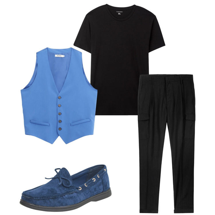 Outfit uomo - Total look #2251071. Stile Trendy per Tutti i giorni. Abbinamento con scarpe stringate, t-shirt, gilet, pantaloni cargo.