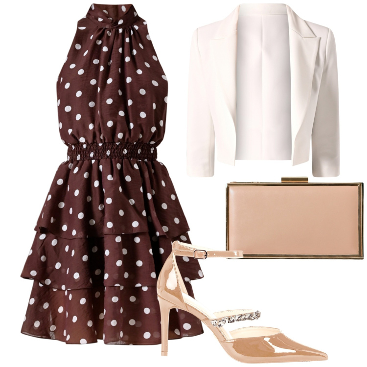 Outfit donna - Rinascimento a pois. Stile Chic per Cerimonia. Abbinamento con vestiti senza maniche, blazer, pochette, décolleté.