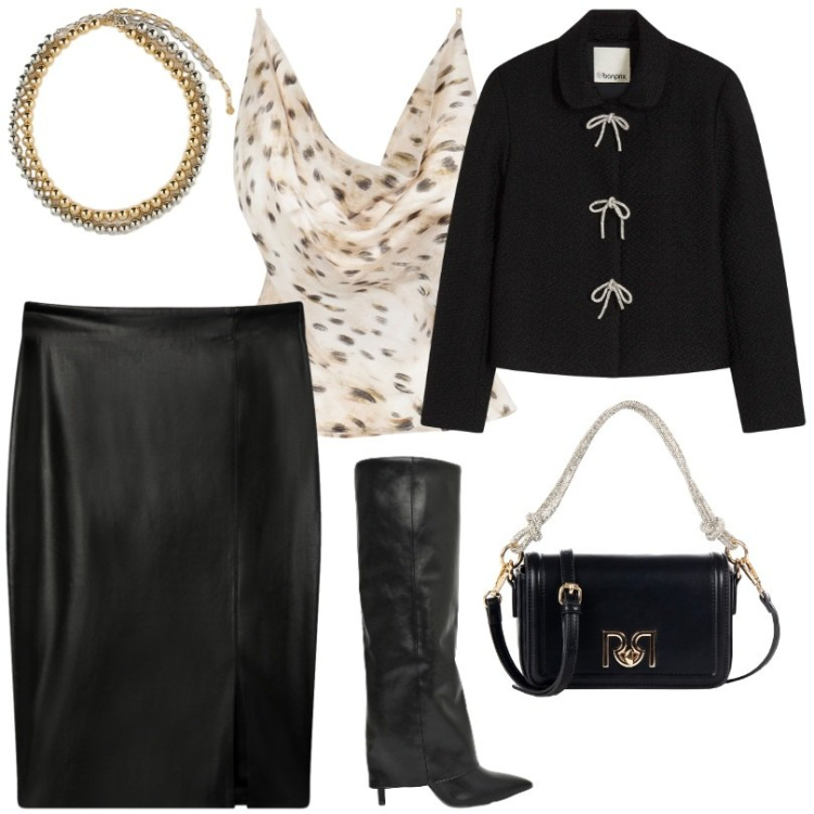 Outfit donna - Gonna in similpelle con spacco laterale. Stile Trendy per Serata fuori. Abbinamento con blazer, stivali, gonne longuette, borse a mano, top, collane.