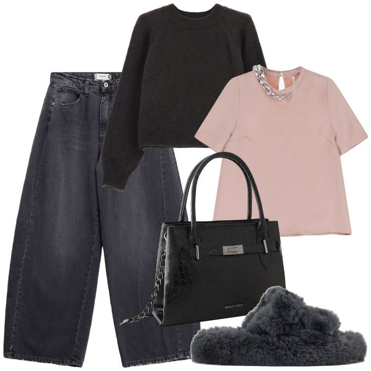 Outfit donna - Ciabatte pelose. Stile Trendy per Tutti i giorni. Abbinamento con borse a mano, jeans, t-shirt, maglieria, ciabatte.