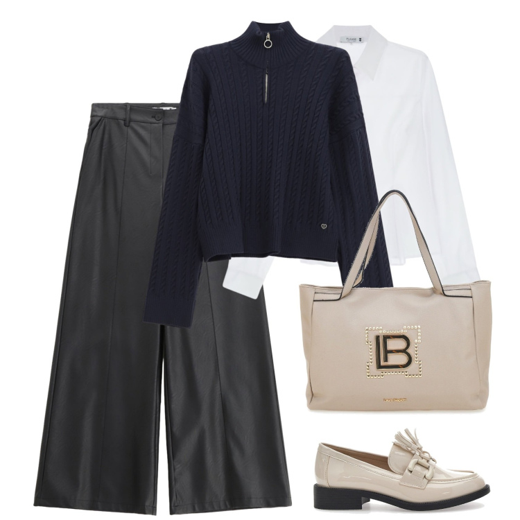 Outfit donna - Please - takes New York. Stile Casual chic per Tutti i giorni. Abbinamento con camicie, pantaloni, pullovers, mocassini, borse a spalla.