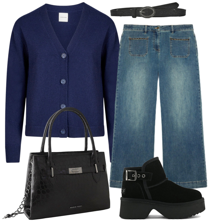 Outfit donna - Un comodo outfit. Stile Basic per Tutti i giorni. Abbinamento con borse a mano, cinture, cardigans, jeans, stivali.