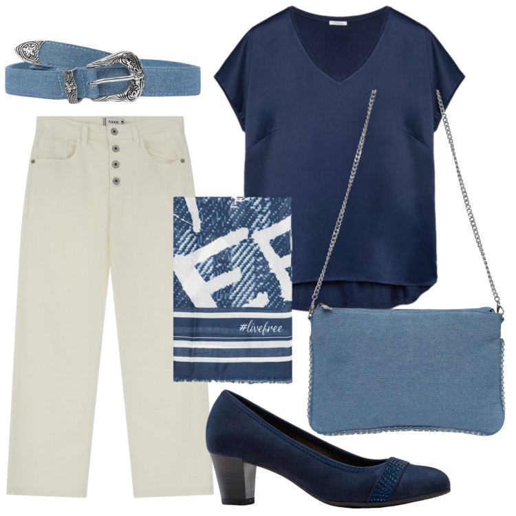 Outfit donna - Al pomeriggio. Stile Casual per Tutti i giorni. Abbinamento con décolleté, borse a tracolla, cinture, pantaloni, t-shirt, foulard.