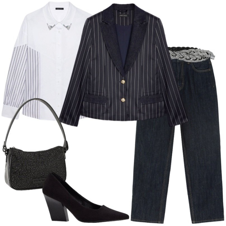 Outfit donna - Camicia con strass. Stile Casual chic per Ufficio. Abbinamento con décolleté, borse a mano, cinture, camicie, blazer, jeans dritti.