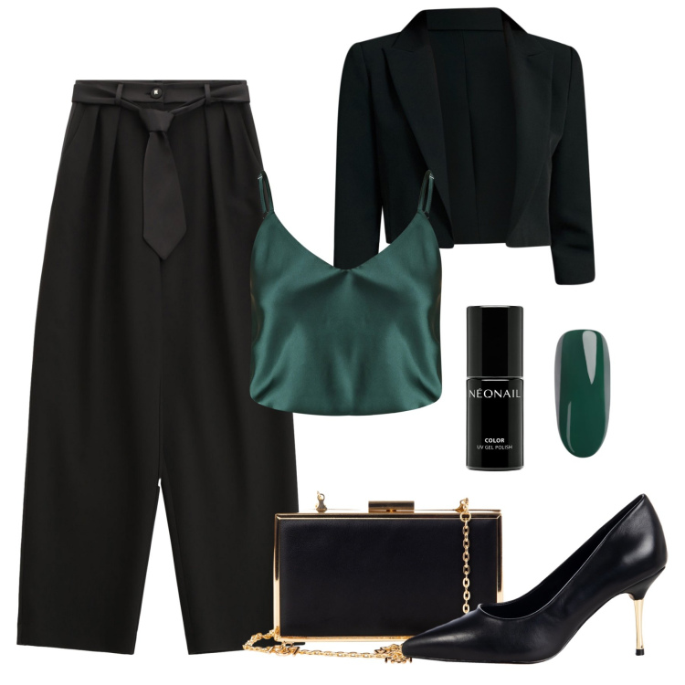 Outfit donna - I pantaloni con cravatta in vita. Stile Chic per Serata fuori. Abbinamento con smalti, top, pochette, décolleté, bolero, pantaloni.