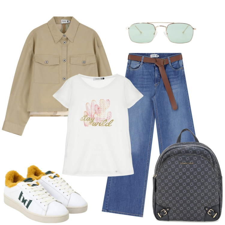 Outfit donna - Please FW 2025 takes New York. Stile Sporty chic per Tutti i giorni. Abbinamento con jeans, t-shirt, blazer, occhiali da sole, sneakers, zaini.