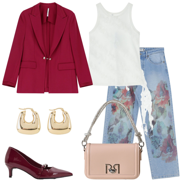 Outfit donna - Colori caldi per l\'autunno. Stile Casual per Tutti i giorni. Abbinamento con orecchini, décolleté, borse a mano, jeans dritti, blazer, top.