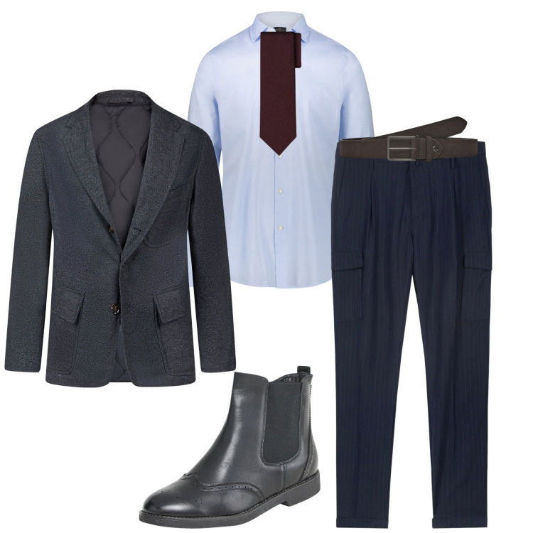 Outfit uomo - Completo spezzato per cerimonia. Stile Business/Elegante Abbinamento con stivali e stivaletti, cinture, giacche, pantaloni cargo, camicie, cravatte.