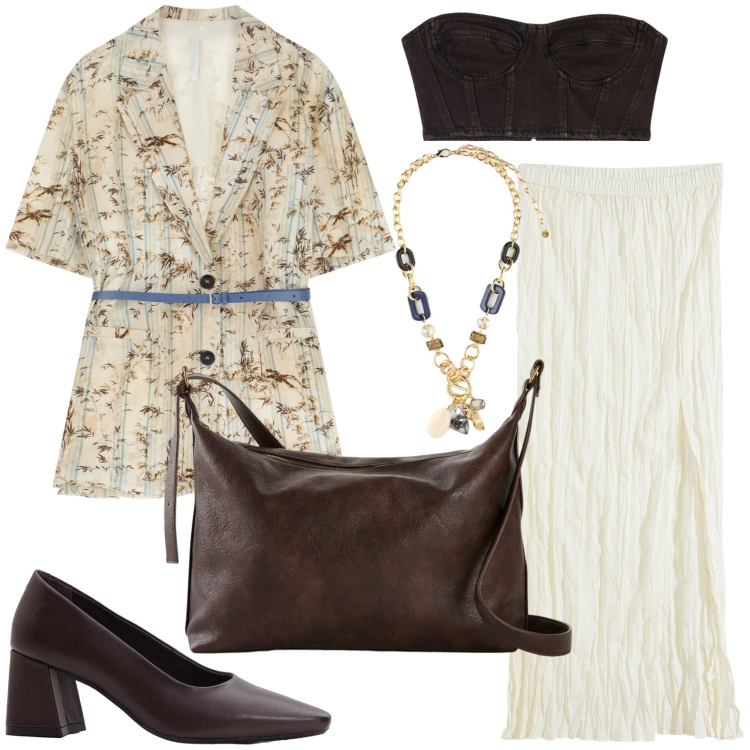 Outfit donna - Blue e marrone. Stile Chic per Cerimonia. Abbinamento con gonne lunghe, décolleté, borse a tracolla, top, blazer, collane.
