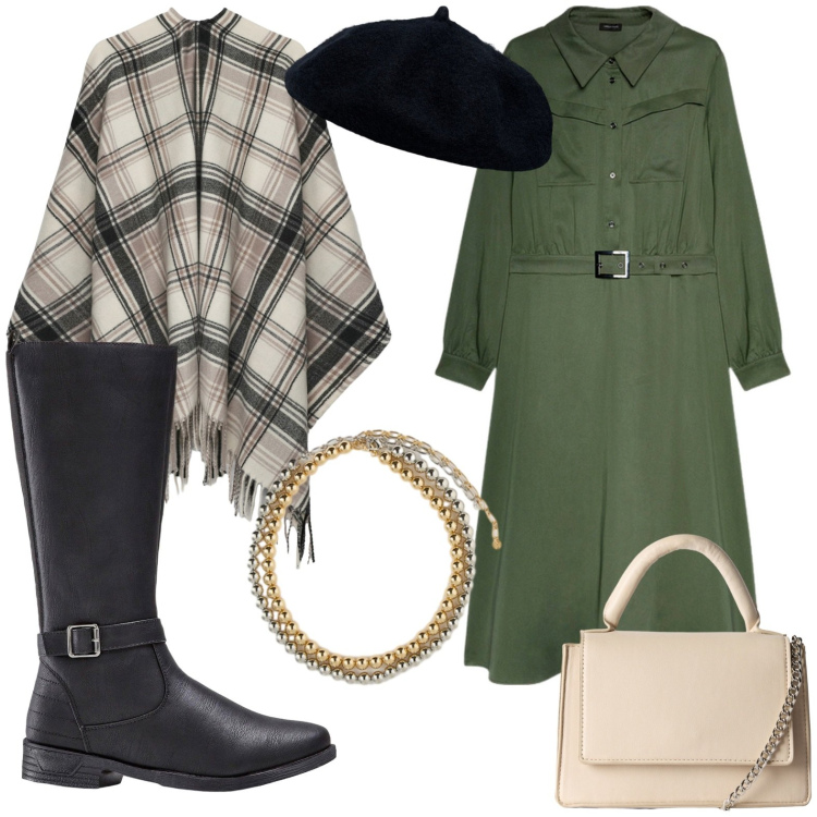 Outfit donna - Chemisier verde. Stile Glamour per Tutti i giorni. Abbinamento con stivali, cappotti, borse a tracolla, vestiti lunghi, cappelli e berretti, collane.