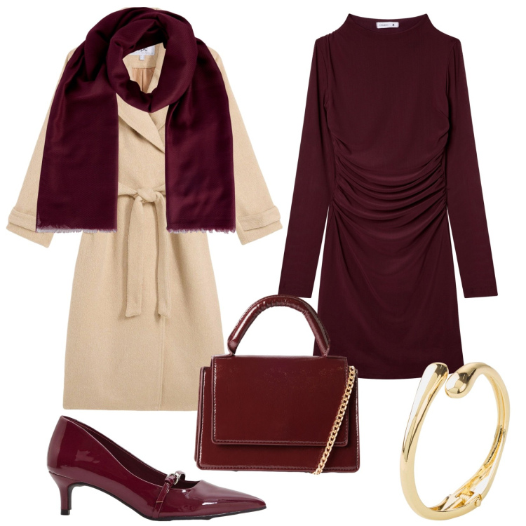 Outfit donna - Total look #2251107. Stile Bon Ton per Serata fuori. Abbinamento con cappotti, braccialetti, décolleté, vestiti corti, borse a tracolla, foulard.