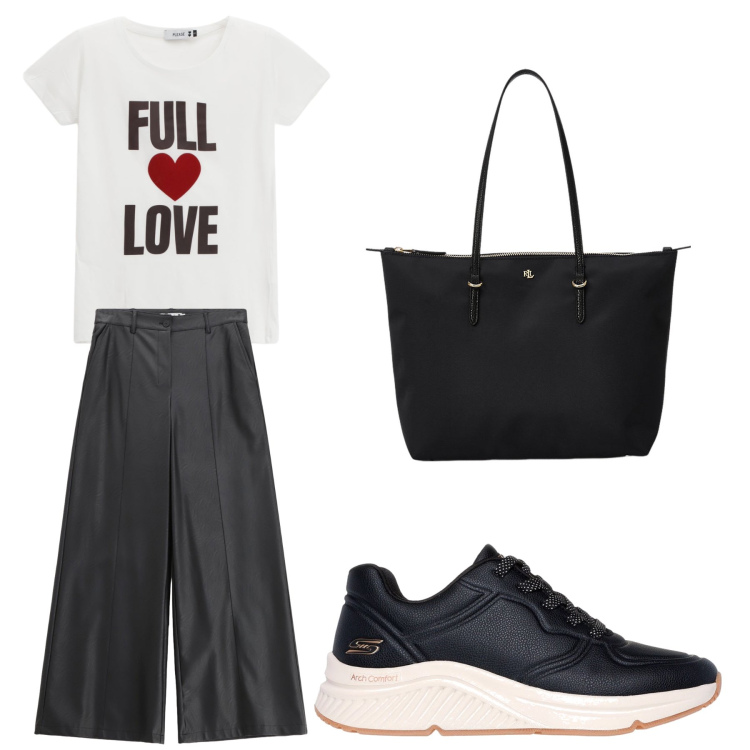 Outfit donna - Aperitivo. Stile Trendy per Tutti i giorni. Abbinamento con pantaloni, t-shirt, borse tote, sneakers.