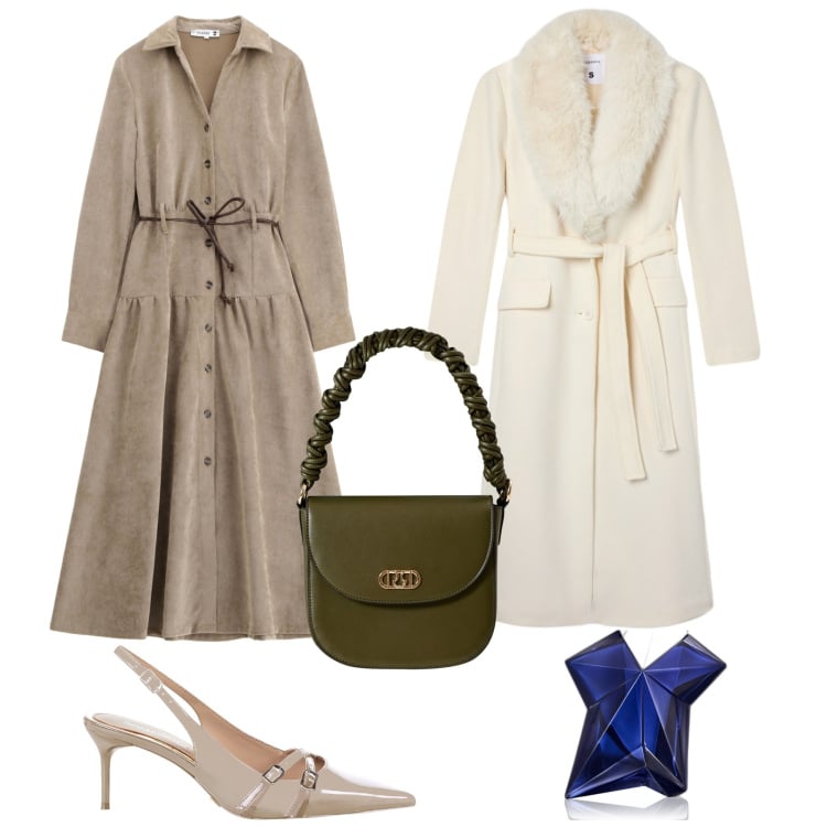 Outfit donna - Collezione Autunno-Inverno. Stile Casual chic per Serata fuori. Abbinamento con profumi, cappotti, décolleté, borse a mano, vestiti lunghi.