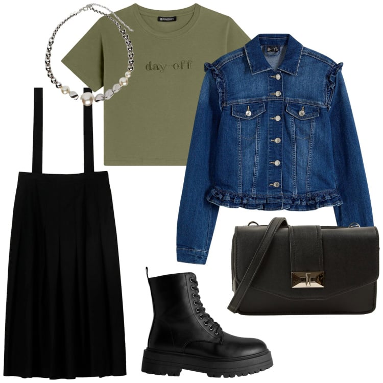 Outfit donna - Il giubbino di jeans super versatile. Stile Sporty chic per Scuola/Università. Abbinamento con blazer, borse a tracolla, anfibi, t-shirt, gonne lunghe, collane.
