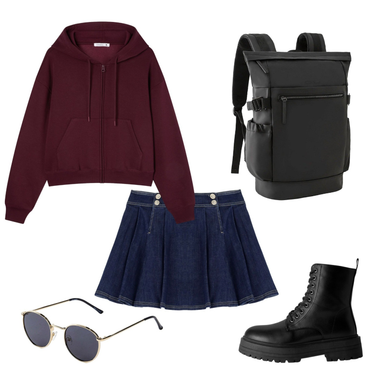 Outfit donna - Brunch domenicale di settembre. Stile Sporty chic per Tutti i giorni. Abbinamento con occhiali da sole, zaini, anfibi, felpe con cappuccio, minigonne.
