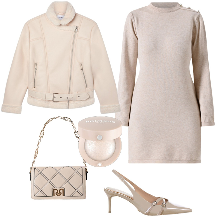 Outfit donna - Abito dal fascino discreto. Stile Casual chic per Ufficio. Abbinamento con ombretti, bomber, borse a tracolla, décolleté, vestiti.