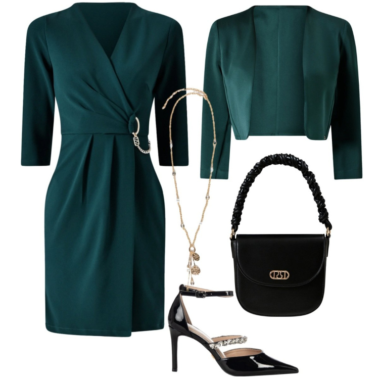 Outfit donna - Total look #2251152. Stile Chic per Serata fuori. Abbinamento con vestiti corti, bolero, borse a mano, décolleté, ciondoli.