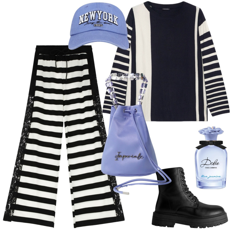 Outfit donna - Essenza urbana. Stile Urban per Tutti i giorni. Abbinamento con profumi, cappelli, anfibi, pantaloni a palazzo, borse a secchiello, maglieria.