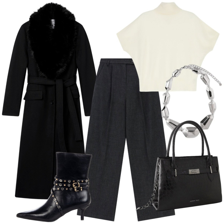 Outfit donna - Ufficio-serata. Stile Urban per Serata fuori. Abbinamento con borse a mano, cappotti, stivaletti, maglieria, pantaloni, ciondoli.