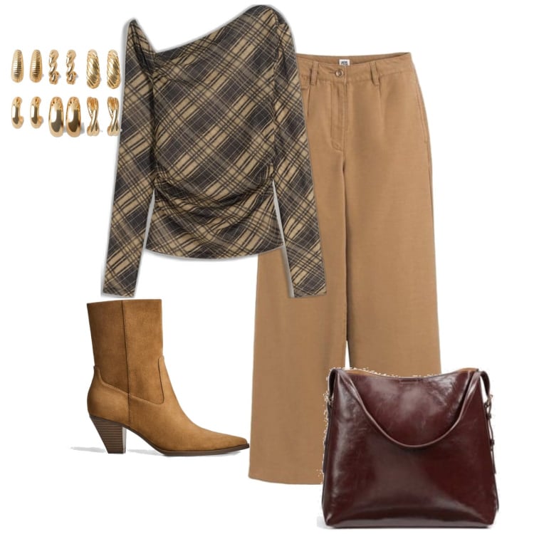 Outfit mujer - Casual chic #15735. Estilo Casual chic para Oficina. Combinación con camiseta, pantalones, bolso tote, botines, pendientes.
