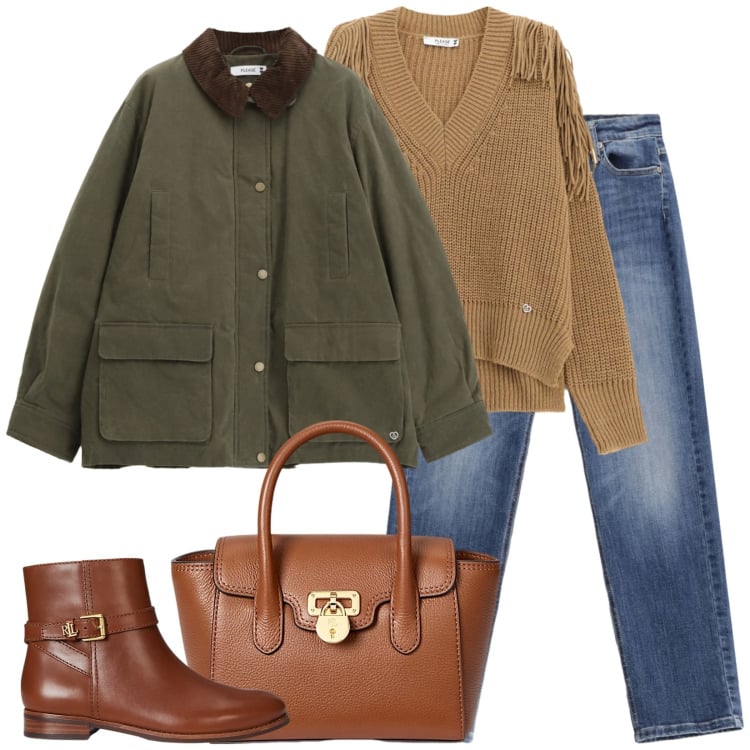 Outfit donna - Barn jacket. Stile Casual per Tutti i giorni. Abbinamento con jeans, maglieria, blazer, borse a mano, stivaletti.