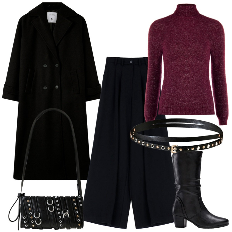 Outfit donna - Total look #2251164. Stile Urban per Ufficio. Abbinamento con stivali, cappotti, maglieria, borse a spalla, cinture, pantaloni.