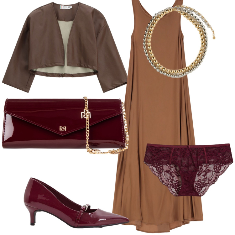 Outfit donna - La torta al cioccolato. Stile Bon Ton per Cerimonia. Abbinamento con culotte, décolleté, pochette, vestiti lunghi, giacche, collane.