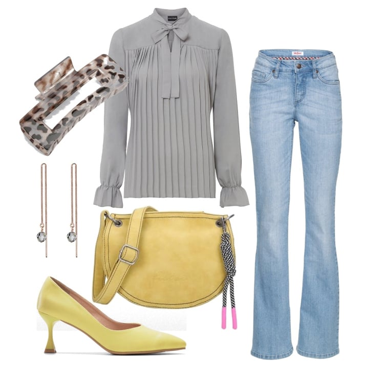 Outfit femme - Septembre. Style Casual chic pour Tous les jours. Assortir avec chaussures à talon, tuniques, jean bootcut, accessoires pour cheveux, sacs en bandoulière, boucles d'oreilles.