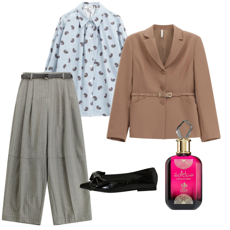 Outfit donna - Eleganza e profumi. per Tutti i giorni. Abbinamento con profumi, ballerine, camicie, blazer, pantaloni.