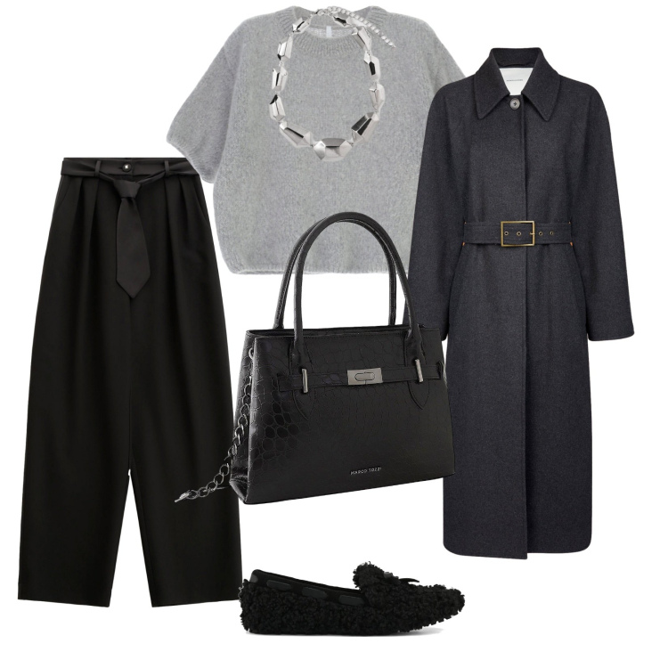 Outfit donna - Lunedì a lavoro. per Ufficio. Abbinamento con borse a mano, maglieria, pantaloni, ciondoli, mocassini, cappotti.
