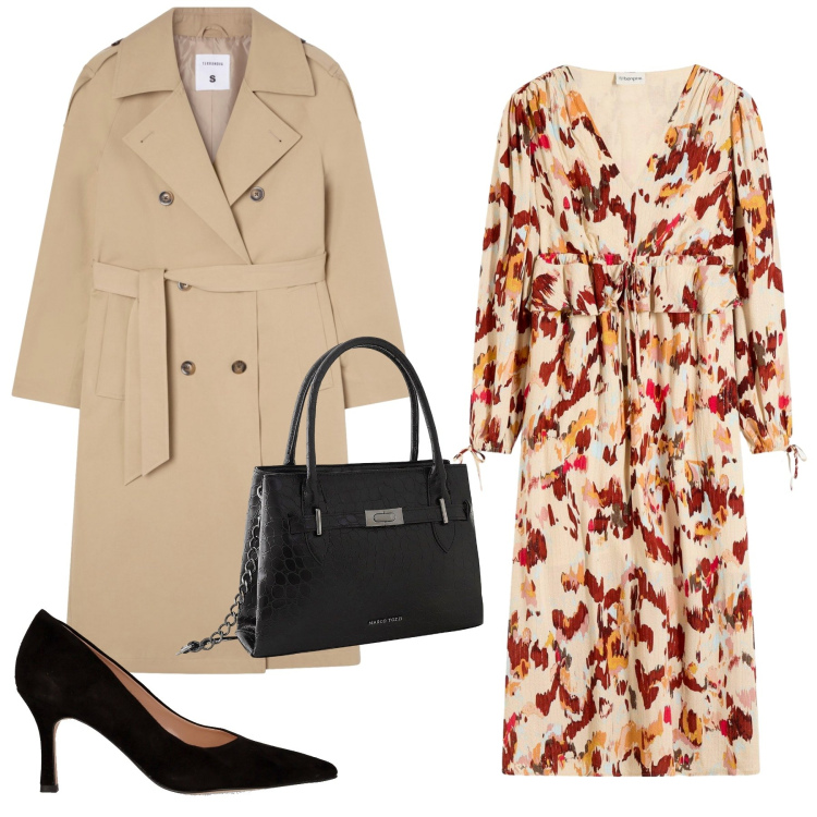Outfit donna - Il trench fluido. Stile Romantica per Tutti i giorni. Abbinamento con vestiti midi/longuette, borse a mano, trench, décolleté.