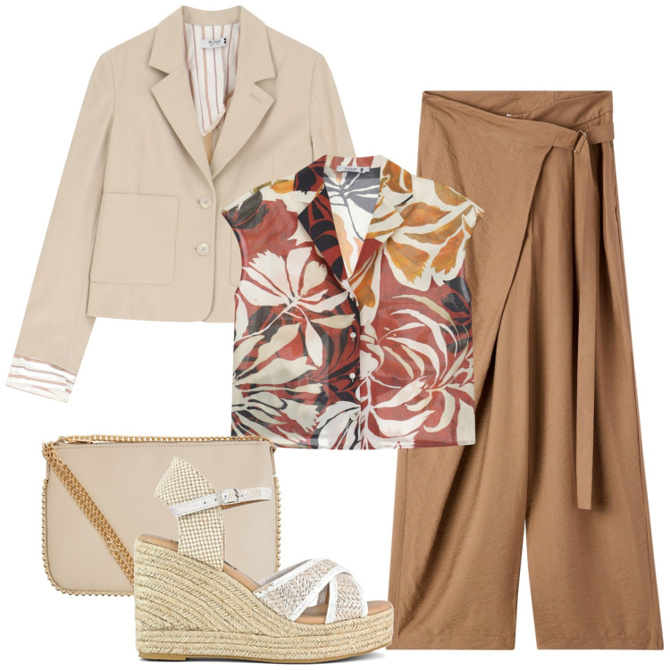 Outfit donna - Autunno con le zeppe. Stile Glamour per Tutti i giorni. Abbinamento con pantaloni, borse a tracolla, camicie, blazer, zeppe.