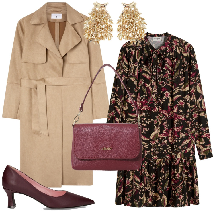 Outfit donna - Il trench fluido. Stile Glamour per Tutti i giorni. Abbinamento con vestiti midi/longuette, trench, borse a tracolla, orecchini, décolleté.