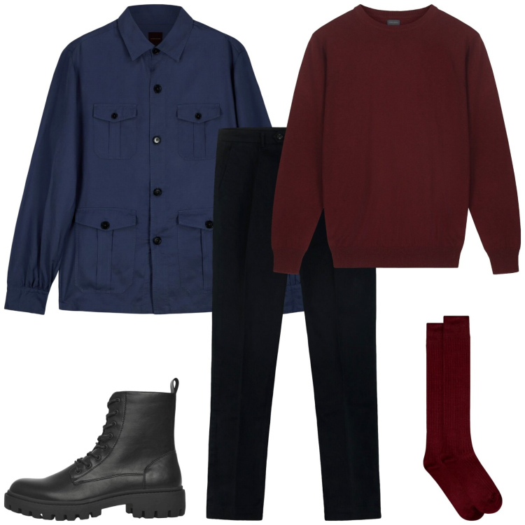 Outfit uomo - Total look #2251197. Stile Casual per Tutti i giorni. Abbinamento con anfibi, cappotti, calzini, pantaloni, maglieria.