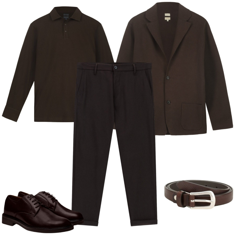 Outfit uomo - Monocromatico. Stile Casual per Ufficio. Abbinamento con cinture, pantaloni, scarpe stringate, polo, giacche.