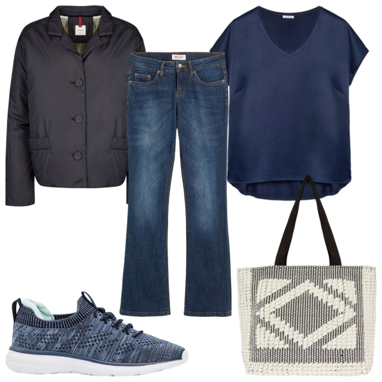 Outfit donna - Total look #2251212. Stile Casual per Tutti i giorni. Abbinamento con jeans bootcut, sneakers, blazer, shopping bag, t-shirt.