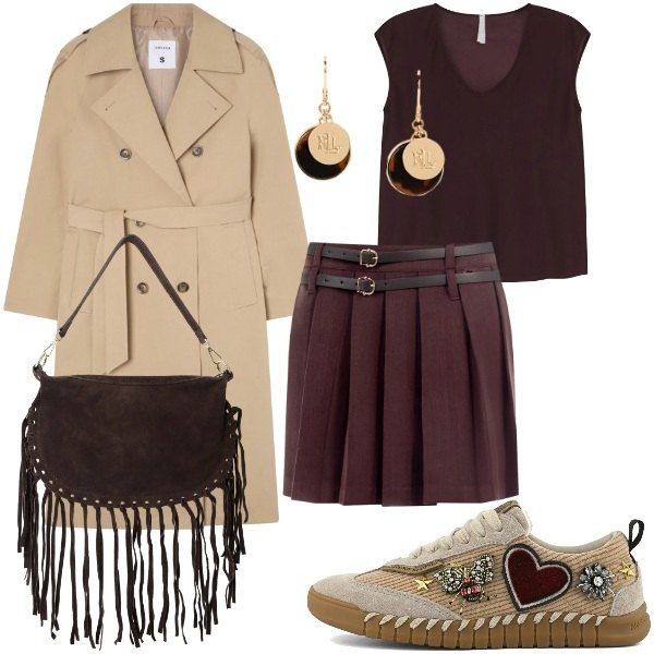 Outfit donna - Chic Rebel. Stile Chic per Serata fuori. Abbinamento con trench, minigonne, top, borse a tracolla, orecchini, sneakers.