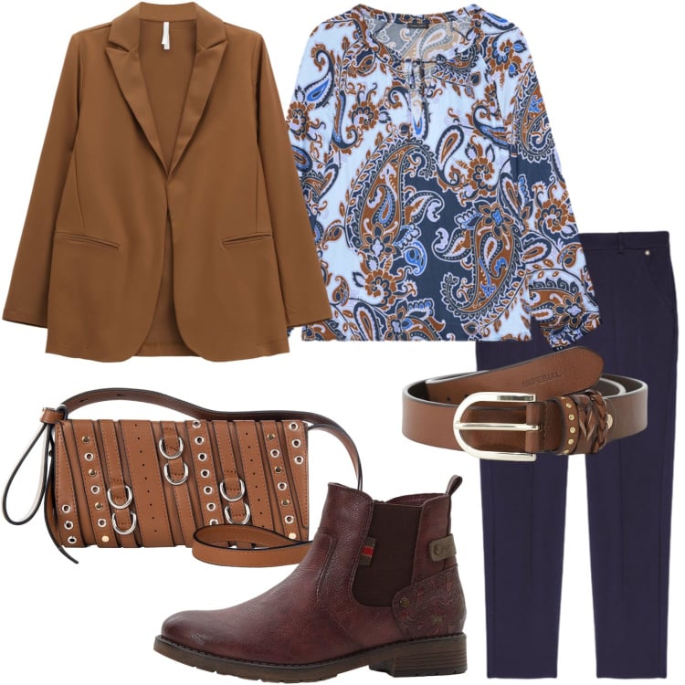 Outfit donna - La blusa stampa paisley. Stile Etnico per Tutti i giorni. Abbinamento con stivaletti chelsea, borse a spalla, blazer, cinture, pantaloni, bluse.