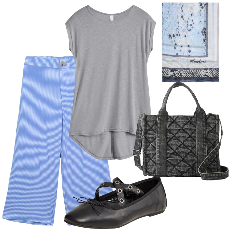 Outfit donna - Giornata di riposo. Stile Casual per Tutti i giorni. Abbinamento con maglieria, borse a mano, ballerine, pantaloni a palazzo, foulard.