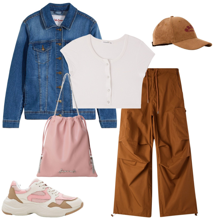 Outfit donna - Quel tocco di rosa. Stile Sporty chic per Tutti i giorni. Abbinamento con blazer, sneakers, cappelli con visiera, pantaloni cargo, top, borse a secchiello.