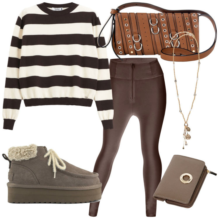 Outfit donna - Il maglioncino a righe. Stile Casual per Tutti i giorni. Abbinamento con borse a spalla, pullovers, portafogli, pantaloni skinny, ciondoli, stivali.