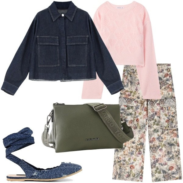 Outfit donna - Il Giubbino in Jeans che Fa la Differenz. Stile Casual chic per Tutti i giorni. Abbinamento con borse a tracolla, maglieria, pantaloni cargo, blazer, ballerine.