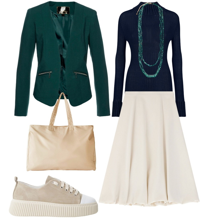 Outfit donna - La gonna longuette. Stile Casual chic per Tutti i giorni. Abbinamento con blazer, shopping bag, gonne longuette, sneakers, maglieria, collane.