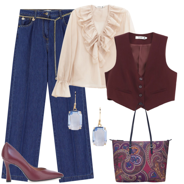 Outfit donna - Don\'t forget me!. Stile Glamour per Serata fuori. Abbinamento con jeans, camicie, gilet, borse tote, orecchini, décolleté.