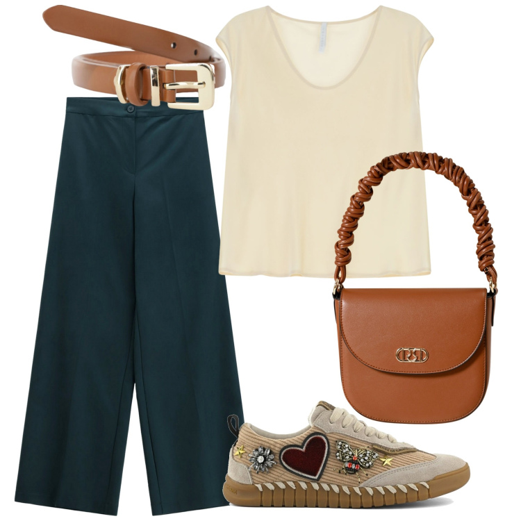 Outfit donna - Un pomeriggio con gli amici. Stile Casual per Tutti i giorni. Abbinamento con borse a mano, cinture, top, pantaloni a palazzo, sneakers.