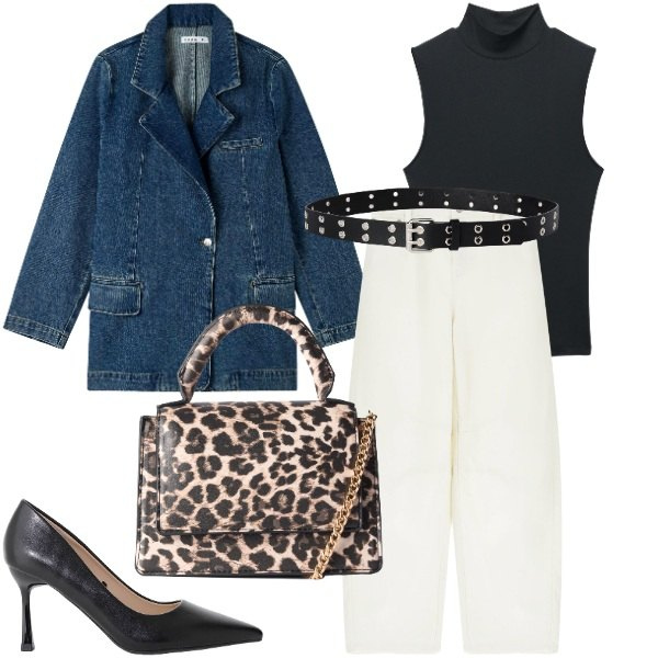 Outfit donna - Denim Chic con Grinta. Stile Glamour per Serata fuori. Abbinamento con blazer, top, borse a tracolla, cinture, jeans, décolleté.