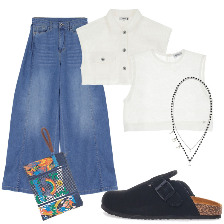 Outfit donna - Libertè et originalitè. Stile Glamour per Tutti i giorni. Abbinamento con jeans, top, gilet, collane, ciabatte, pochette.