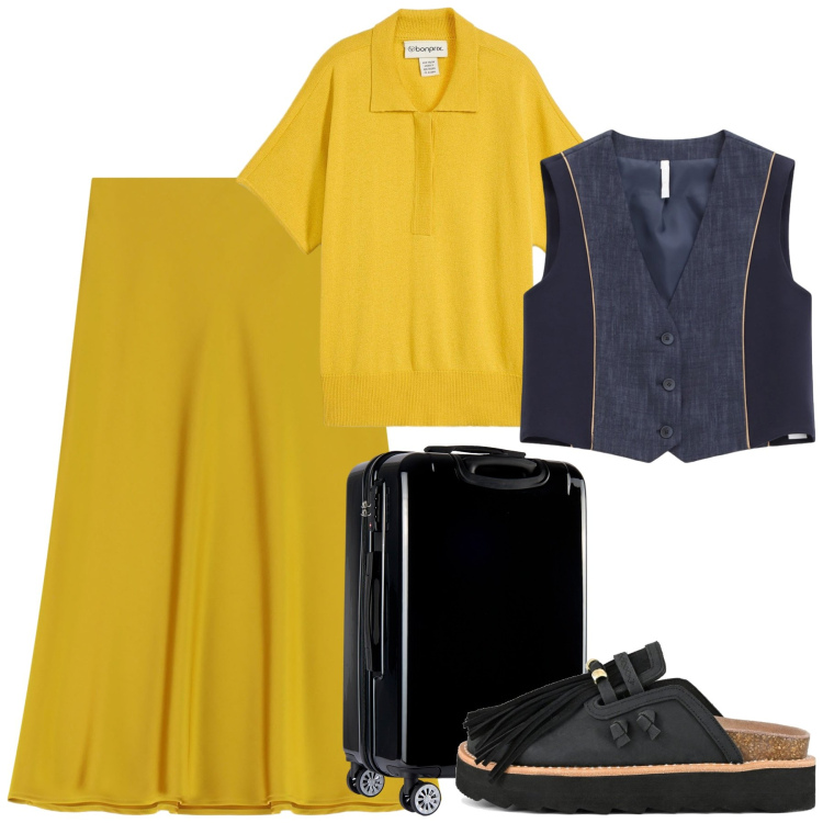 Outfit donna - Completo con gilet. Stile Trendy per Tutti i giorni. Abbinamento con t-shirt, gilet, gonne longuette, valigie, sabot.